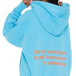 Boys lie Lack of Self Commitment Hoodie, blue with orange lettering, one size